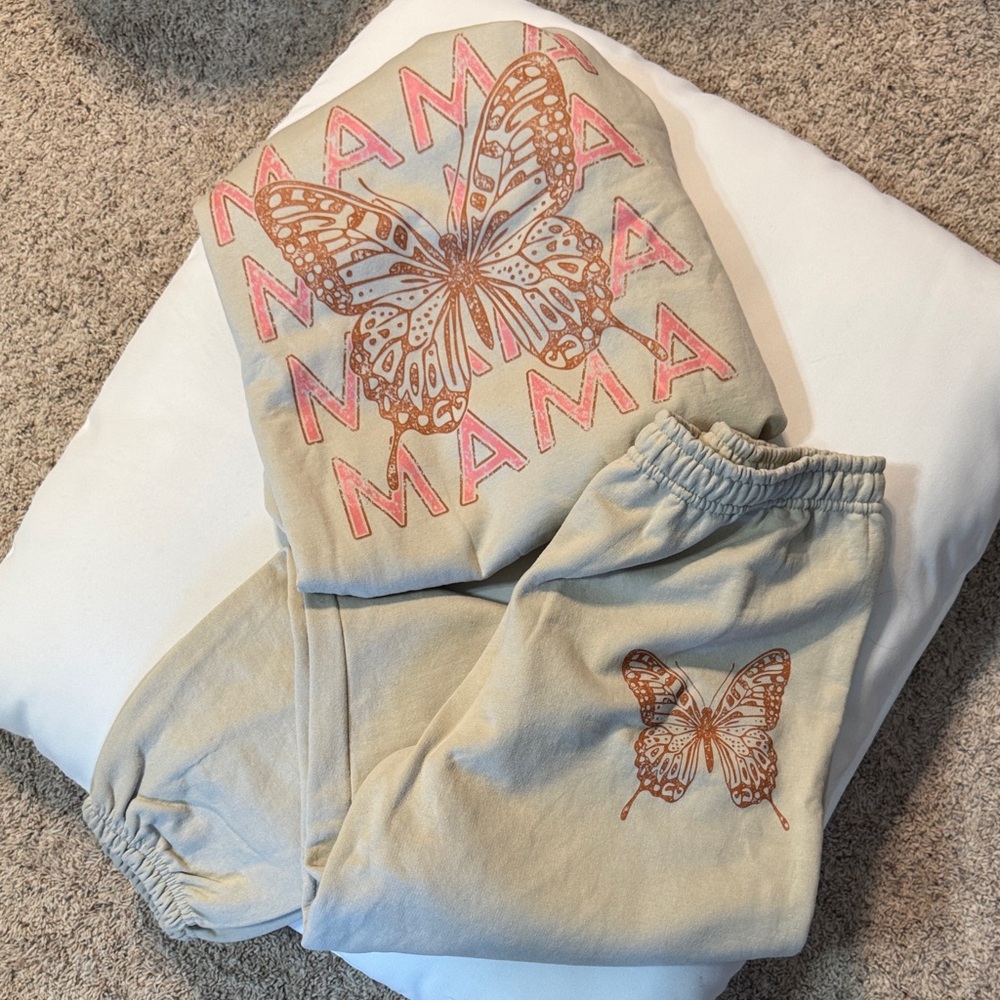 Three Birds Nest Butterfly Print Sweatshirt+sweatpants Set - loose-fit S/M